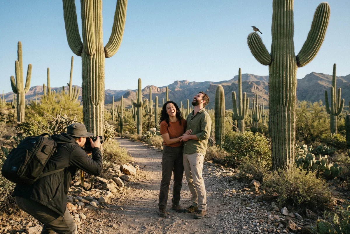 A couple laughing mid-pose as a photographer directs them at a red rock overlook during an unposed Arizona photoshoot