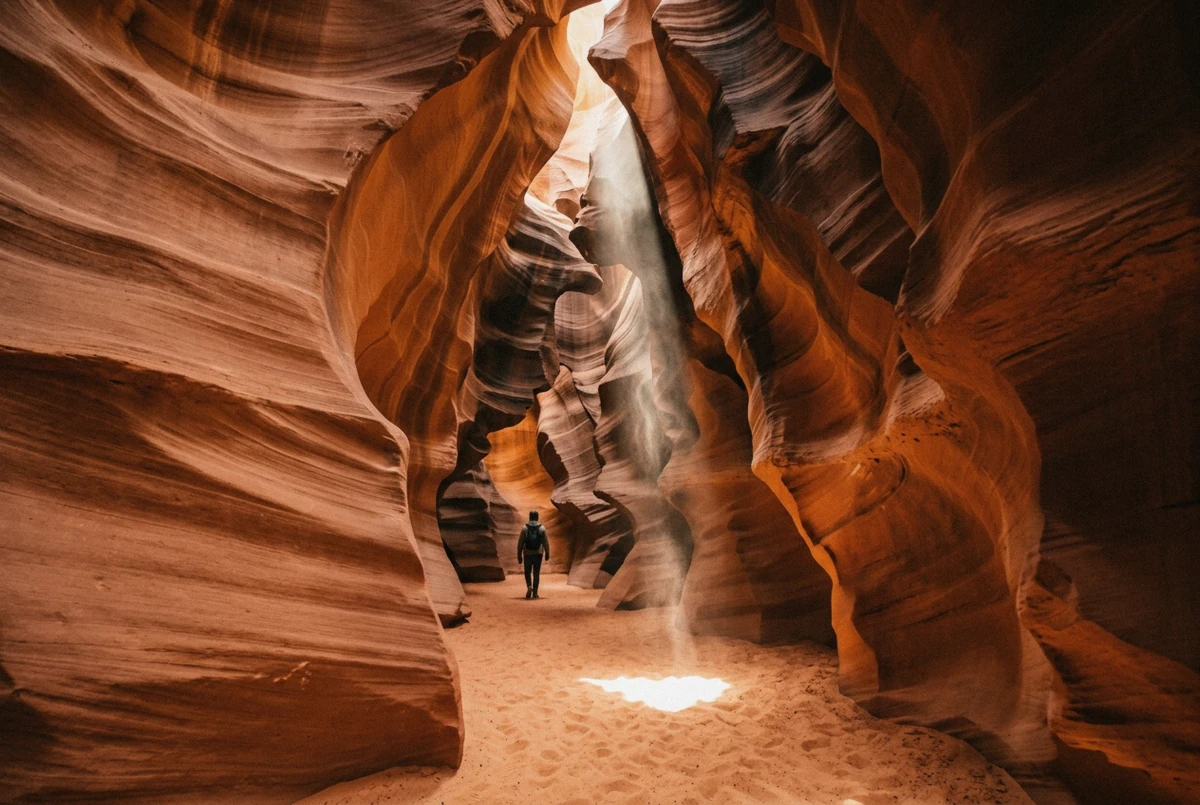 Handheld photograph of light beams inside Antelope Canyon, permitted under the current photography rules