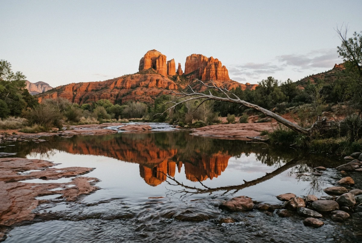 Cathedral Rock glowing at golden hour above Oak Creek, the signature backdrop for a Sedona photoshoot