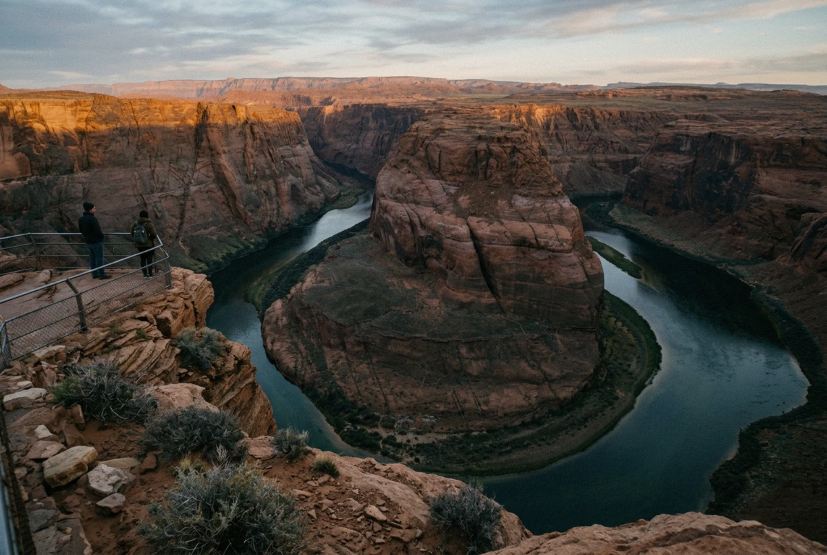 The Colorado River curving 270 degrees below the rim at golden hour during a Horseshoe Bend photoshoot
