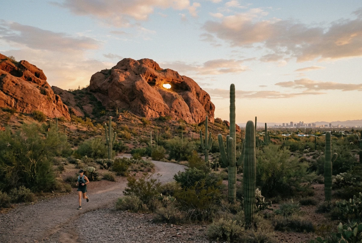 Red sandstone buttes of Papago Park at golden hour, a classic free backdrop for a Phoenix photoshoot