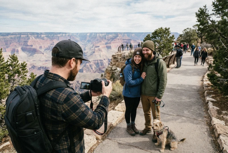 Photographer showing preview photos to a couple during an Arizona vacation photoshoot at golden hour